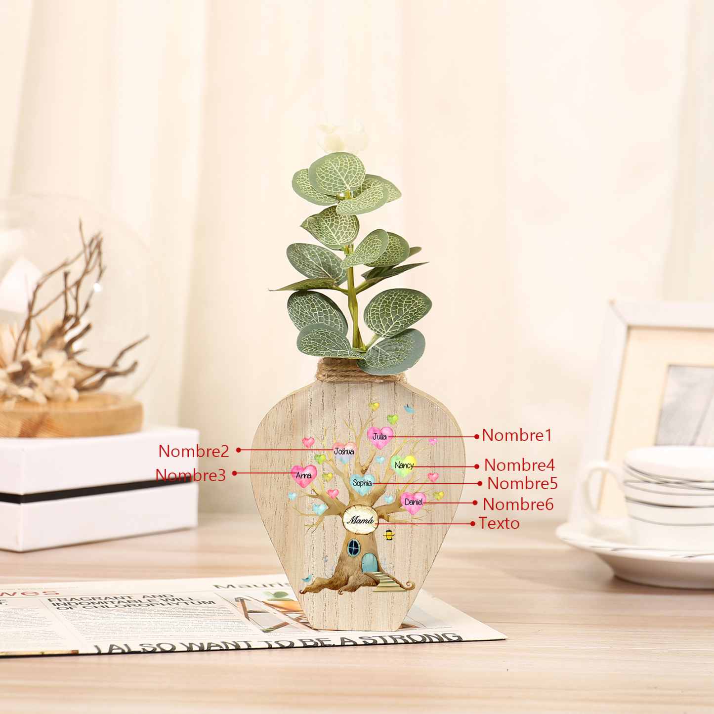 Florero de madera árbol de corazones 6 nombres personalizados con texto decoración del hogar-Jessemade ES