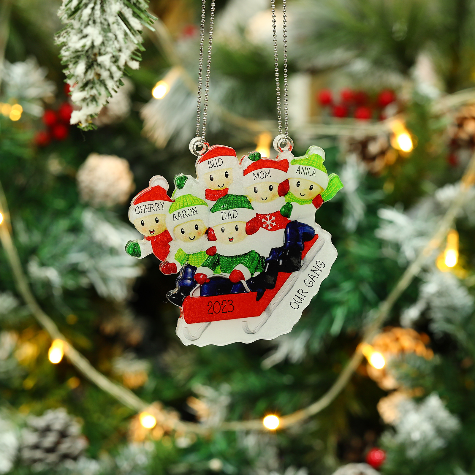 Navidad-Ornamentos Navideños de Acrílico Carro de Esquí 6 Nombres con Texto y Año Personalizados