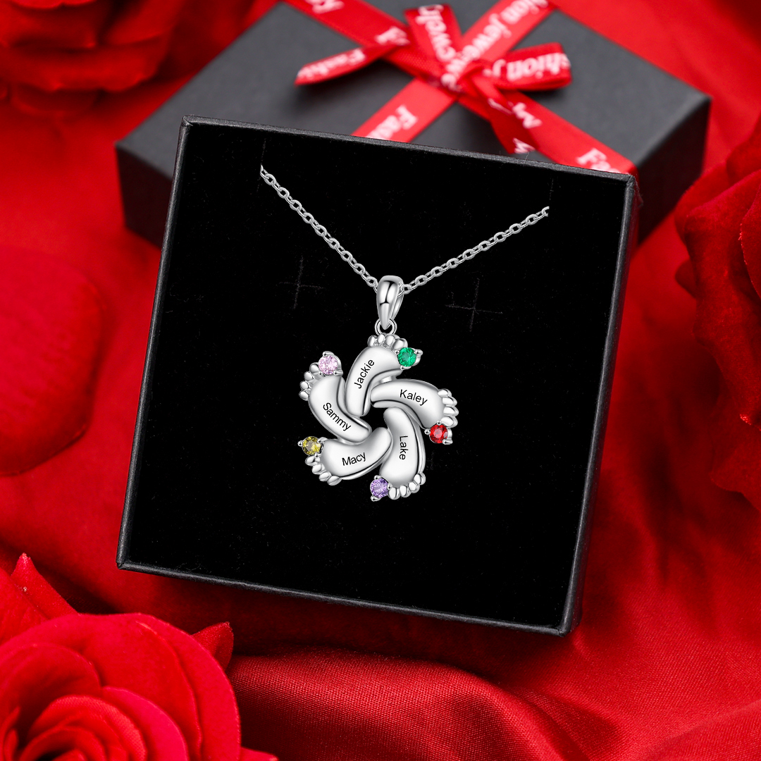 Collar pie de bebé con 5 nombres personalizados  y 5 piedras de nacimiento-Jessemade ES