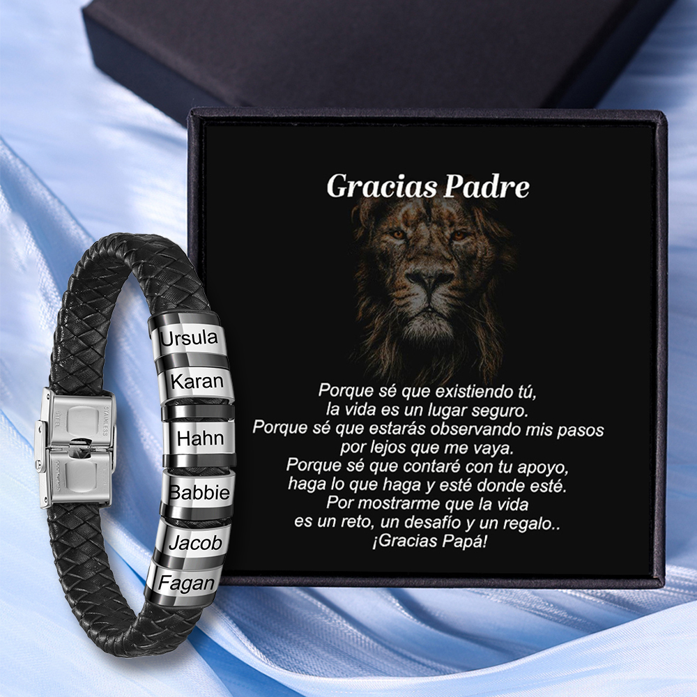 A MI PAPÁ-Pulsera de cuero trenzado de hombre con 6 perlas personalizadas con 6 nombres-Jessemade ES