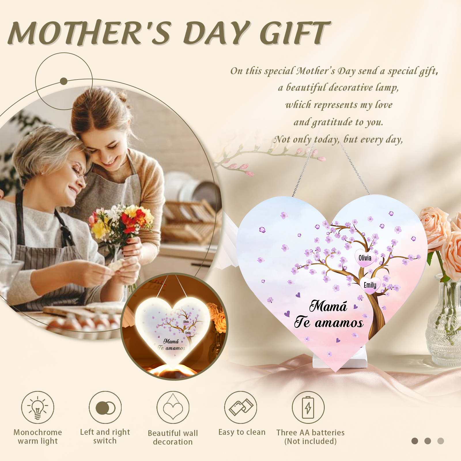 A mi mamá/abuela-Lámpara Colgante Personalizada con 2-8 Nombres y Texto "árbol" 3D Ilusión Luz de Noche-Jessemade ES