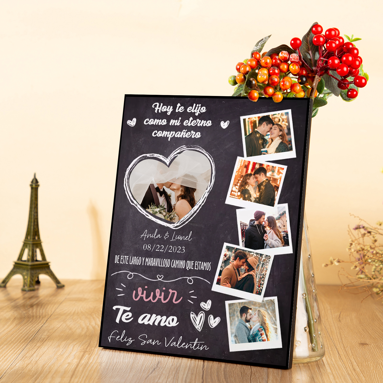 San Valentín-Lámina marco de madera para pareja personalizado con texto, fecha y 6 fotos-Jessemade ES