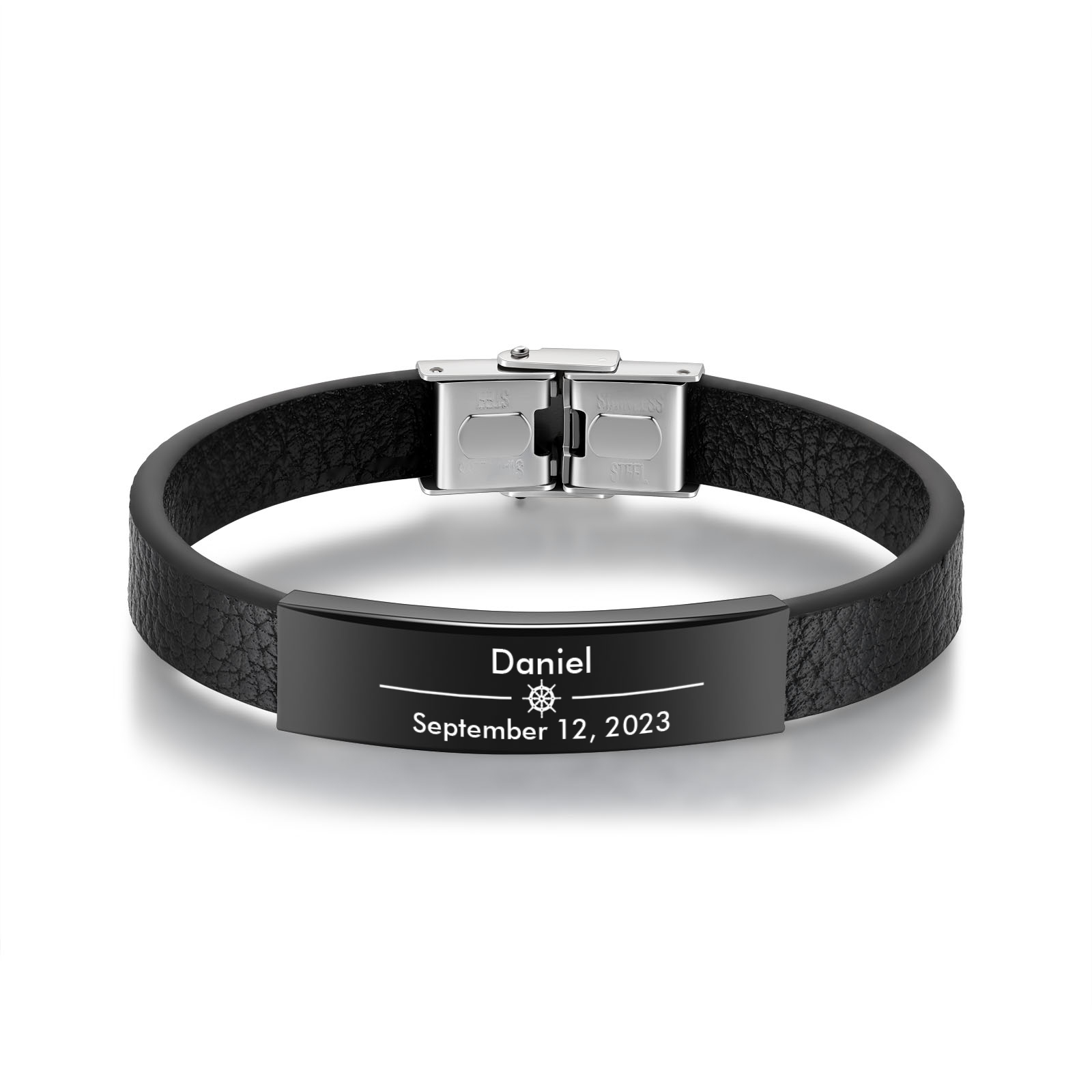 Pulsera de Cuero con Placa de Nombre y Fecha Personalizados -Jessemade ES