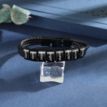 Pulsera de tres cueros trenzados 8 aros con 8 nombres personalizados pulsera de hombre-Jessemade ES