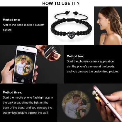 Pulsera con proyección de foto en color con dije de corazón y 8 colores de perlas de cristal-Jessemade ES