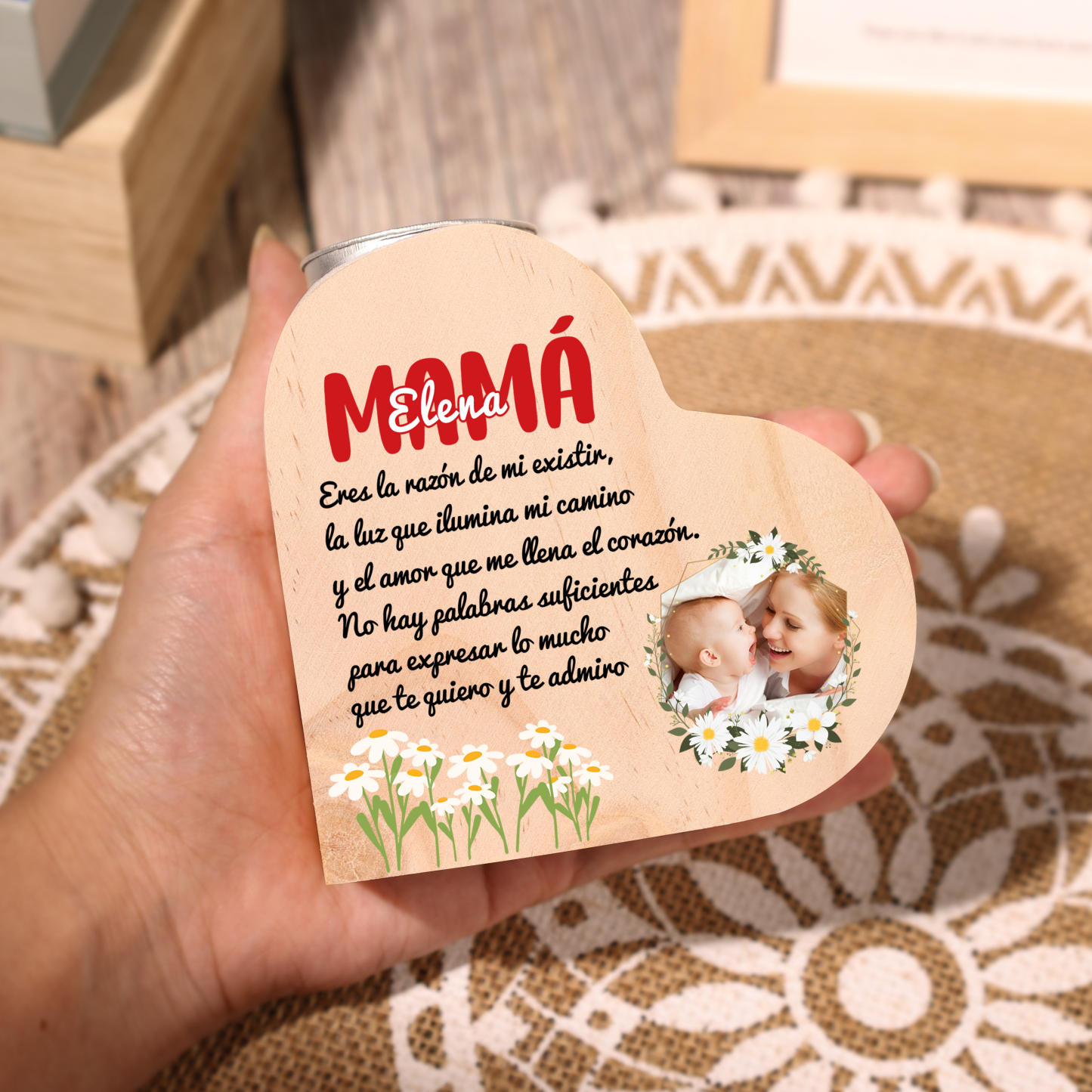 A mi mamá-Candelero con nombre y foto personalizados en forma de corazón de madera sin candela-Jessemade ES