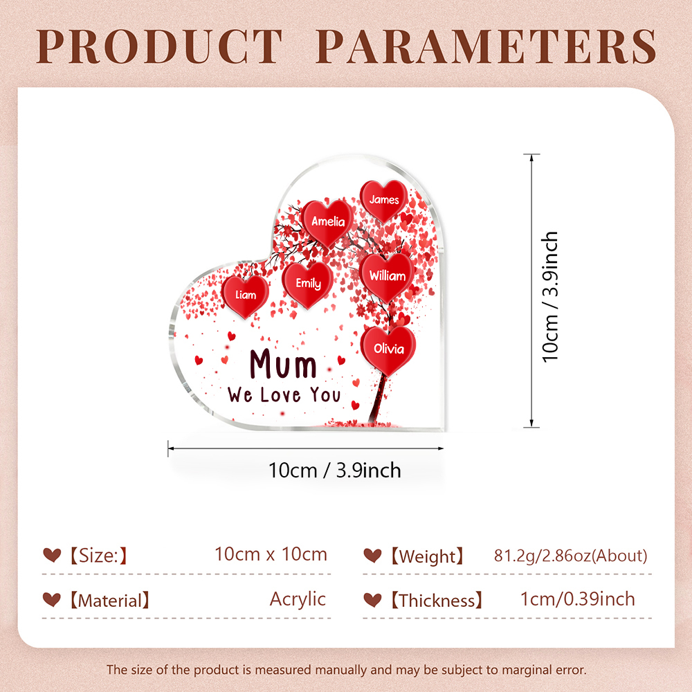 A mi mamá/abuela-Placa de acrílico "Corazones" en forma de corazón 6 nombres y 1 texto personalizados-Jessemade ES