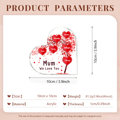 A mi mamá/abuela-Placa de acrílico "Corazones" en forma de corazón 6 nombres y 1 texto personalizados-Jessemade ES