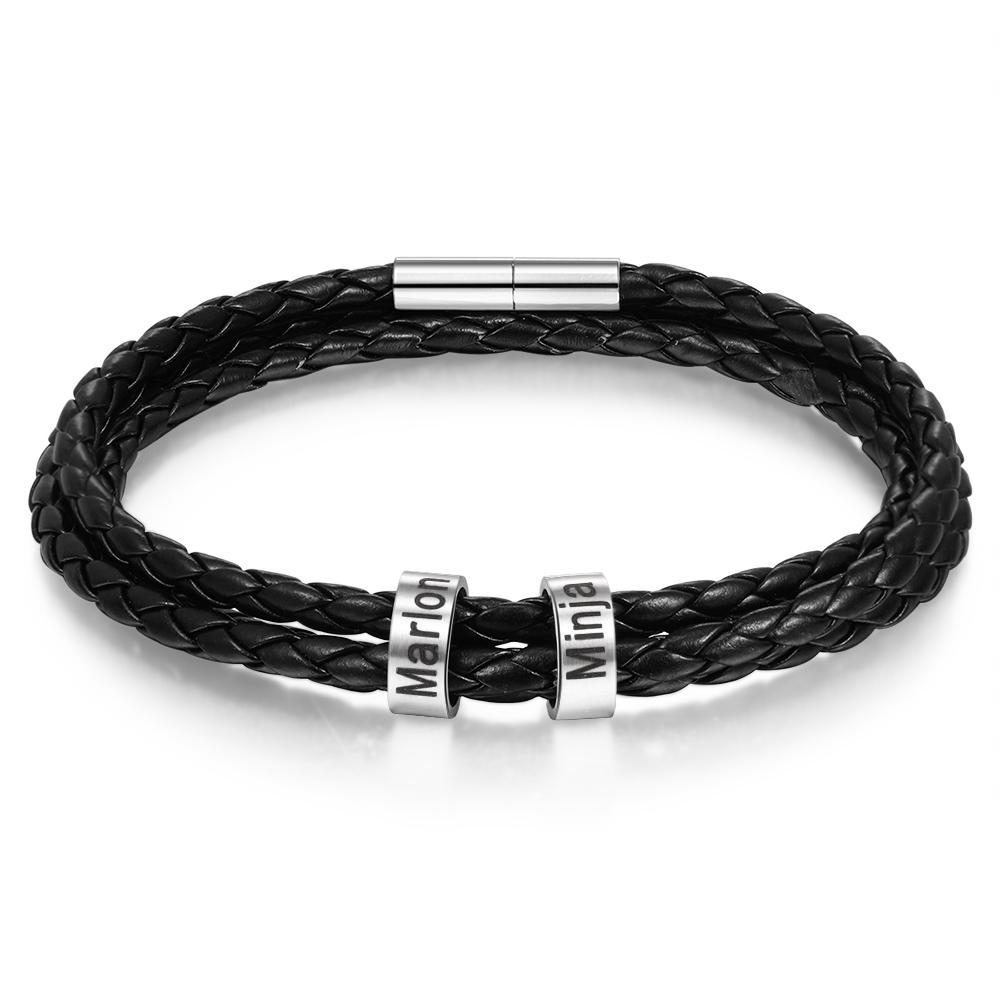 Pulsera de cuero trenzado personalizada con 2 nombres en 2 cuentas-Jessemade ES