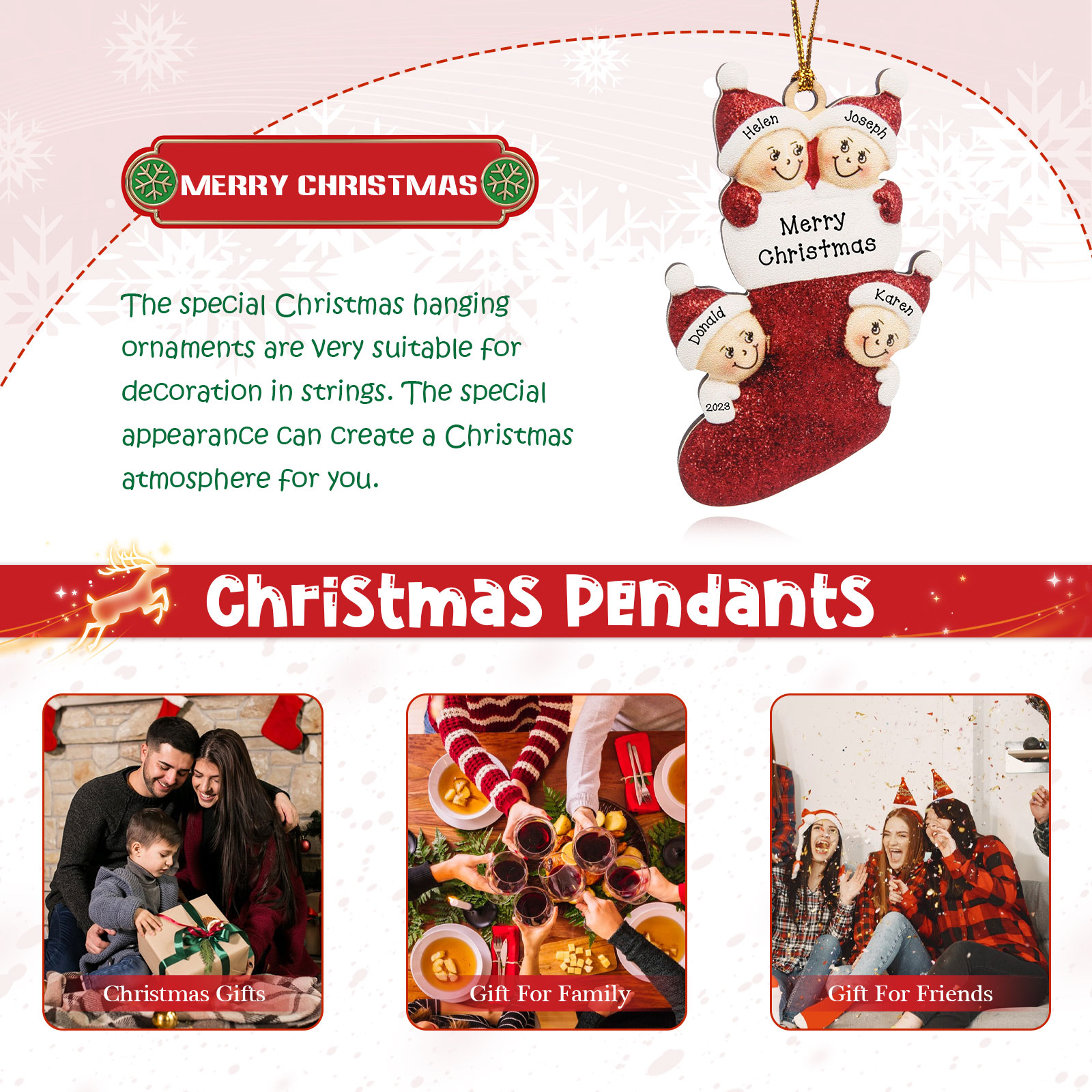 Navidad-Ornamentos Navideños de Madera Calcetín 4 Nombres con Texto Personalizados
