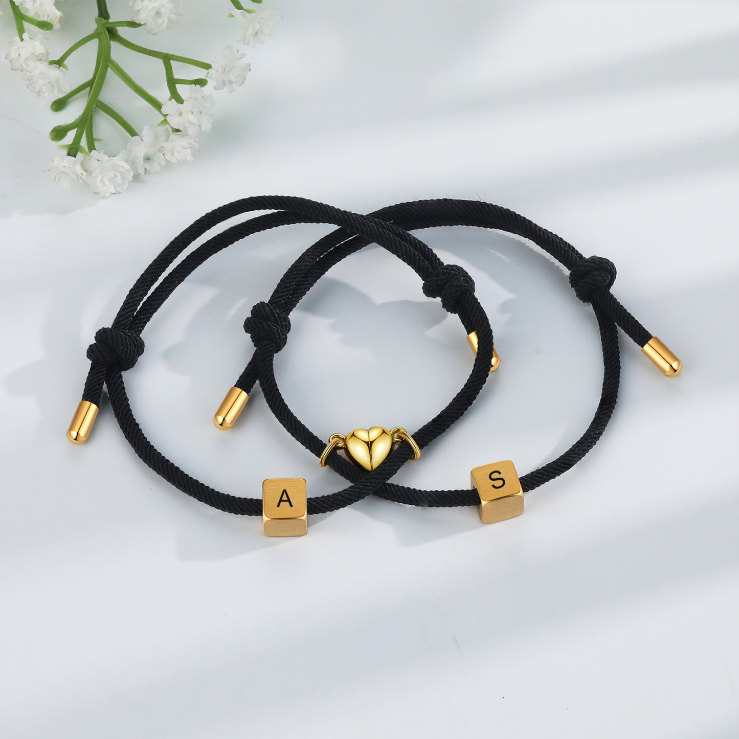 Pulseras de cuerda personalizadas para pareja con dije de corazón magnético grabado de dos letras-Jessemade ES