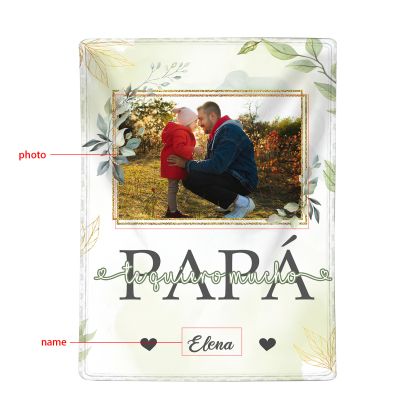 A mi padre de hij@-Manta de buen calidad con hojas personalizada con 1 foto y 1 nombre-Jessemade ES