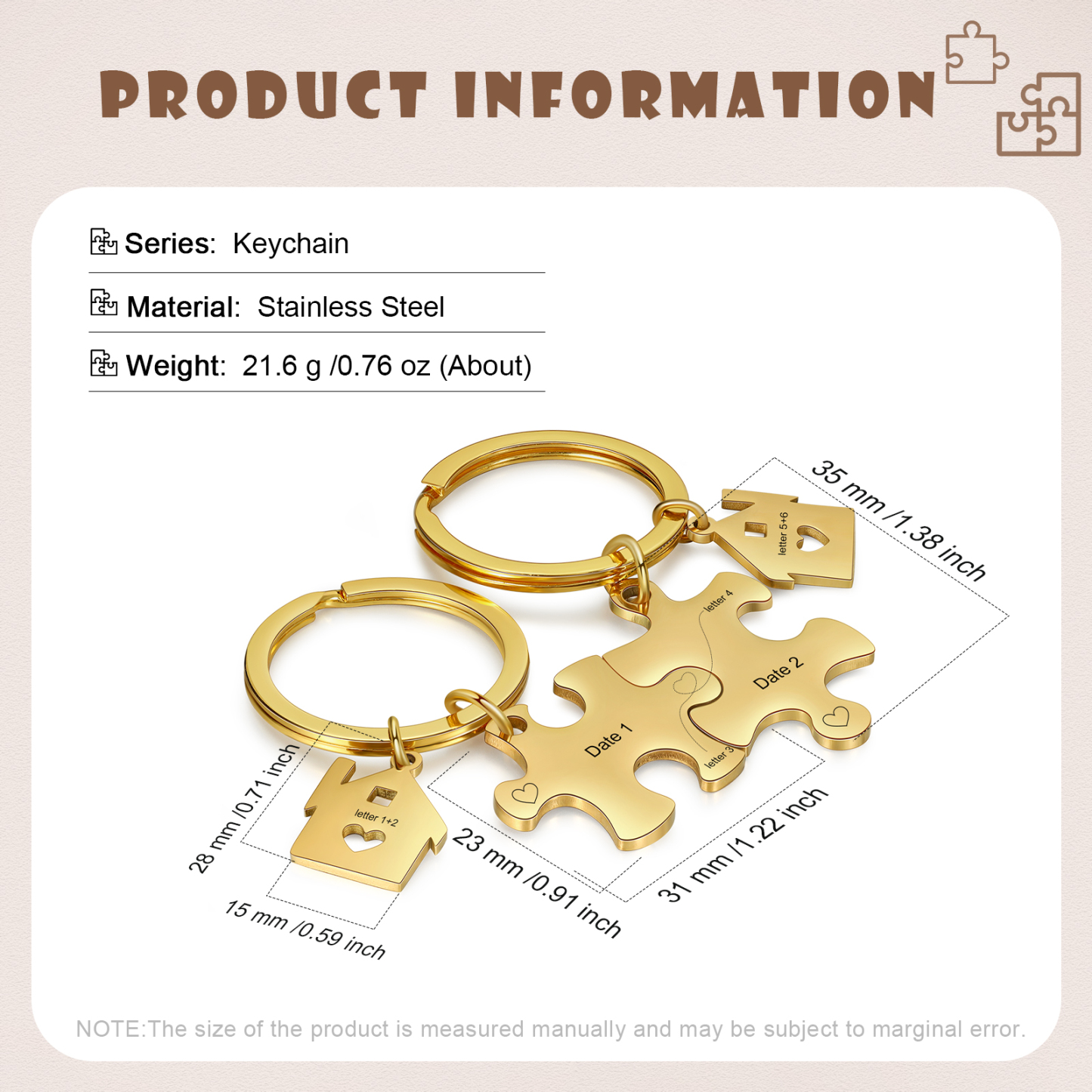Llavero para pareja rompecabezas 2 letras personalizadas con fecha dije de casa-Jessemade ES