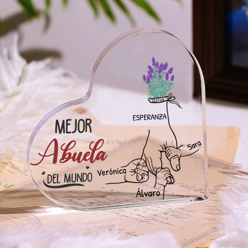 Abuela - Placa de acrílico en forma de corazón manos cogidas 2-7 nombres personalizados