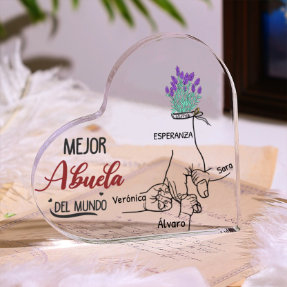 Abuela - Placa de acrílico en forma de corazón manos cogidas 2-7 nombres personalizados
