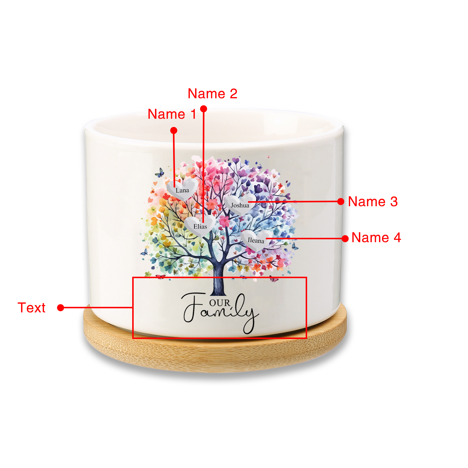 Florero con base de cerámica árbol de corazones 2-8 nombres personalizados con texto decoración del hogar-Jessemade ES