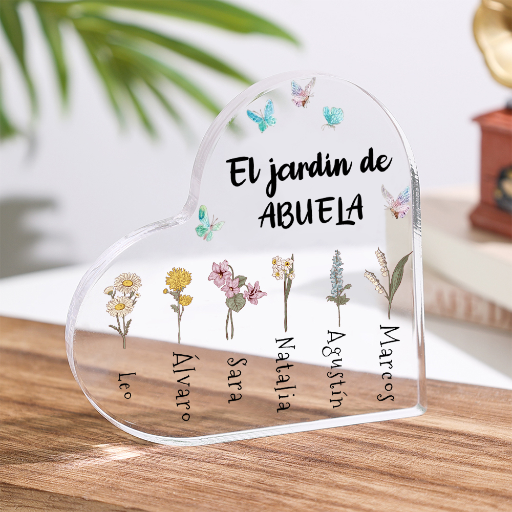 Abuela - Placa de acrílico en forma de corazón "flores" de abuela 1-6 nombres y flores personalizados-Jessemade ES