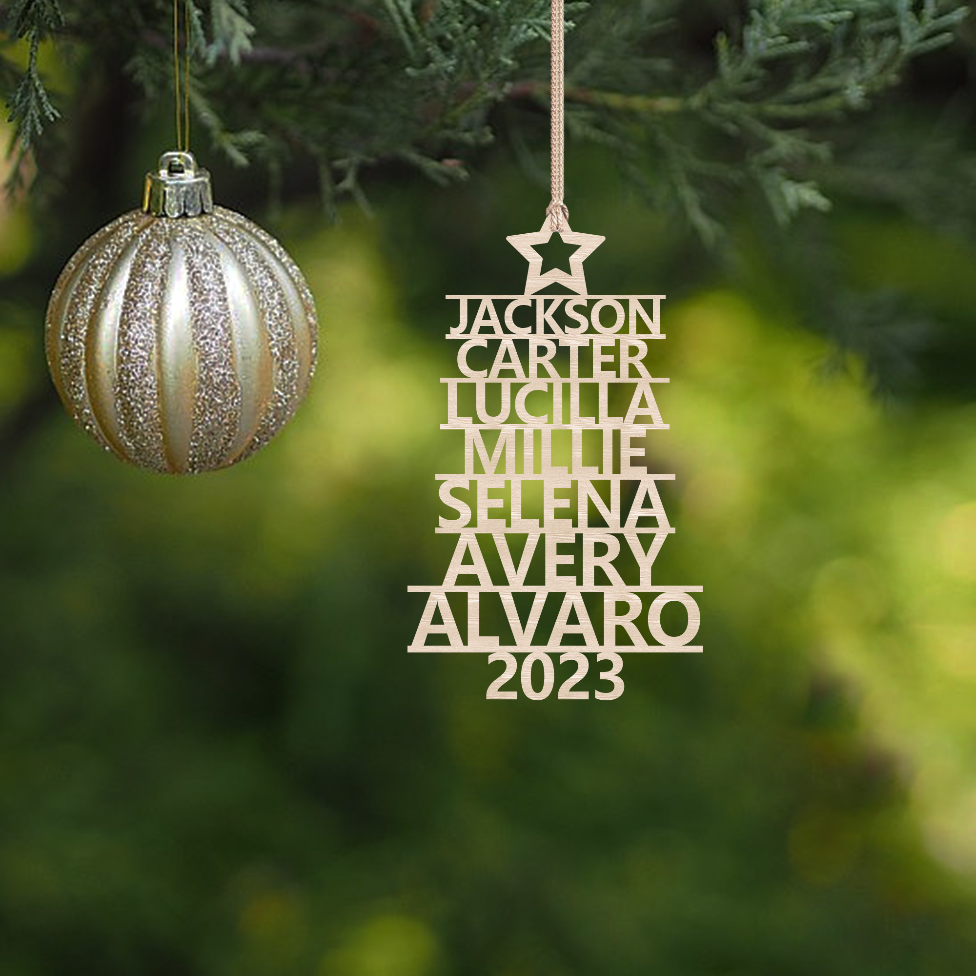 Navidad-Ornamento navideño de madera árbol de nombres con 7 nombres y año personalizados