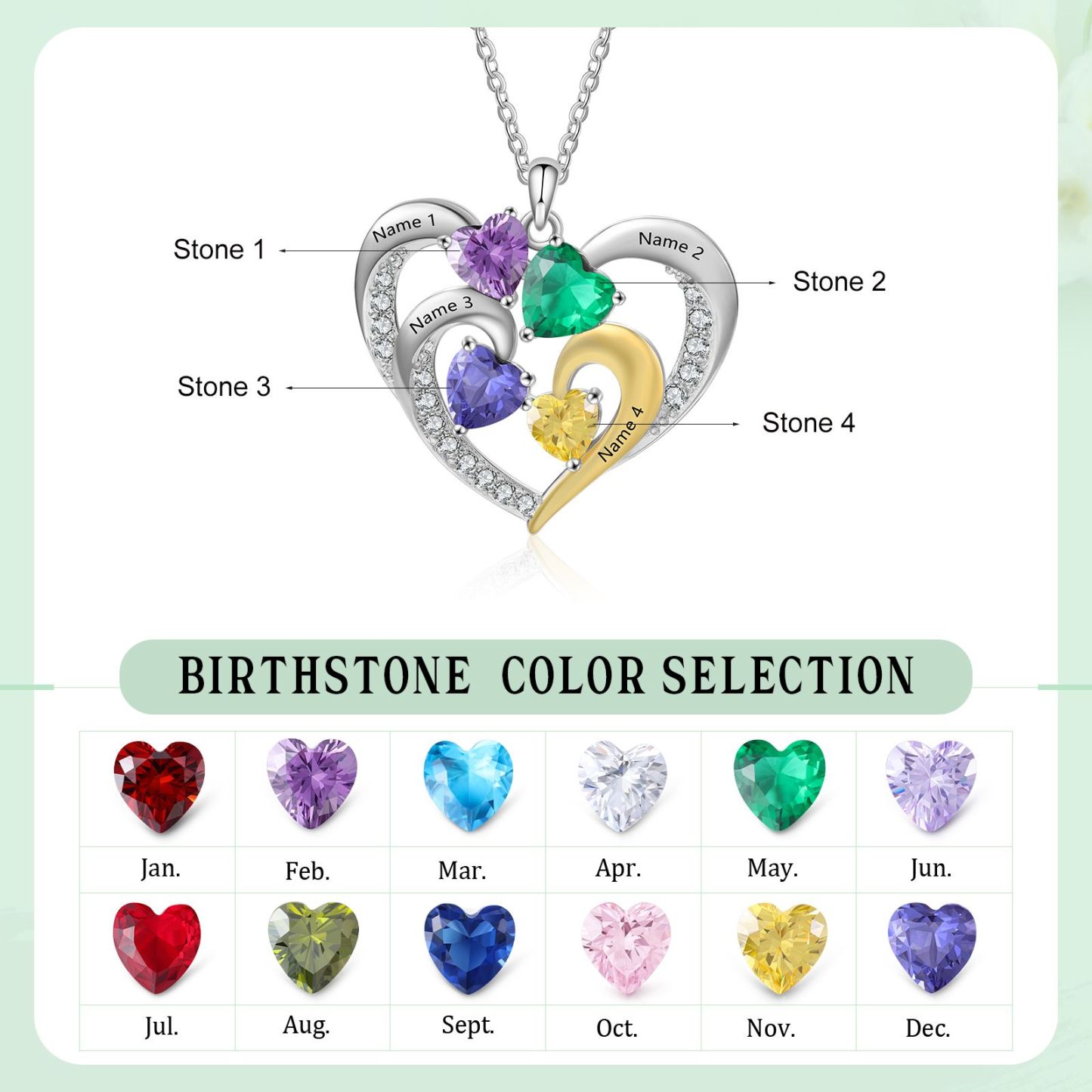 Collar corazón con 4 nombres y 4 piedras de nacimiento personalizados-Jessemade ES