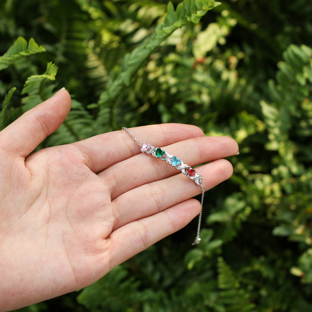 Pulsera infinito personalizada con 4 nombres y 4 piedras de nacimiento de corazón-Jessemade ES