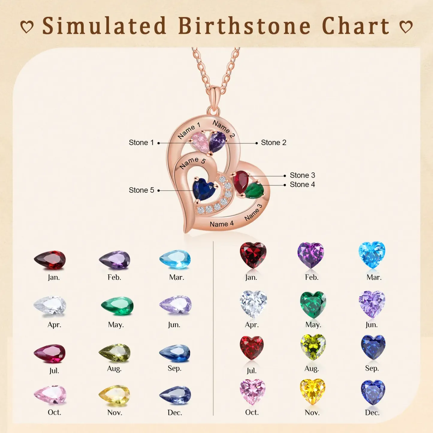 Collar corazón con 1-6 nombres personalizados y 1-6 piedras de nacimiento-Jessemade ES
