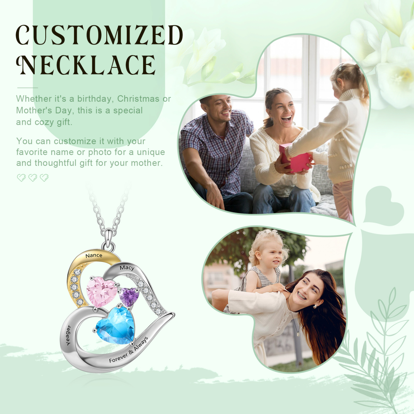 Collar corazón con 3 nombres, 1 texto y 3 piedras de nacimiento personalizados-Jessemade ES