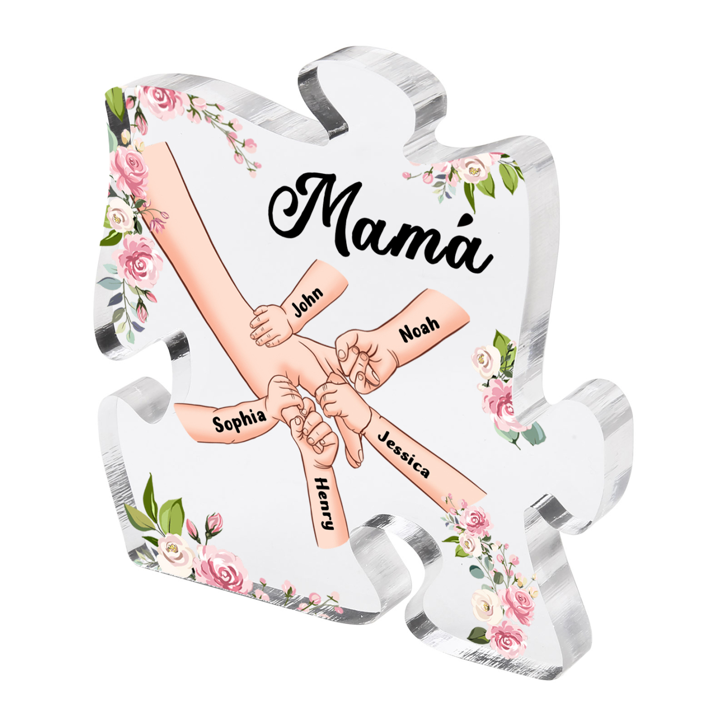 A mi mamá/abuela-Placa de acrílico en forma de corazón mano a mano con 1 texto y 5 nombres personalizados | Jessemade