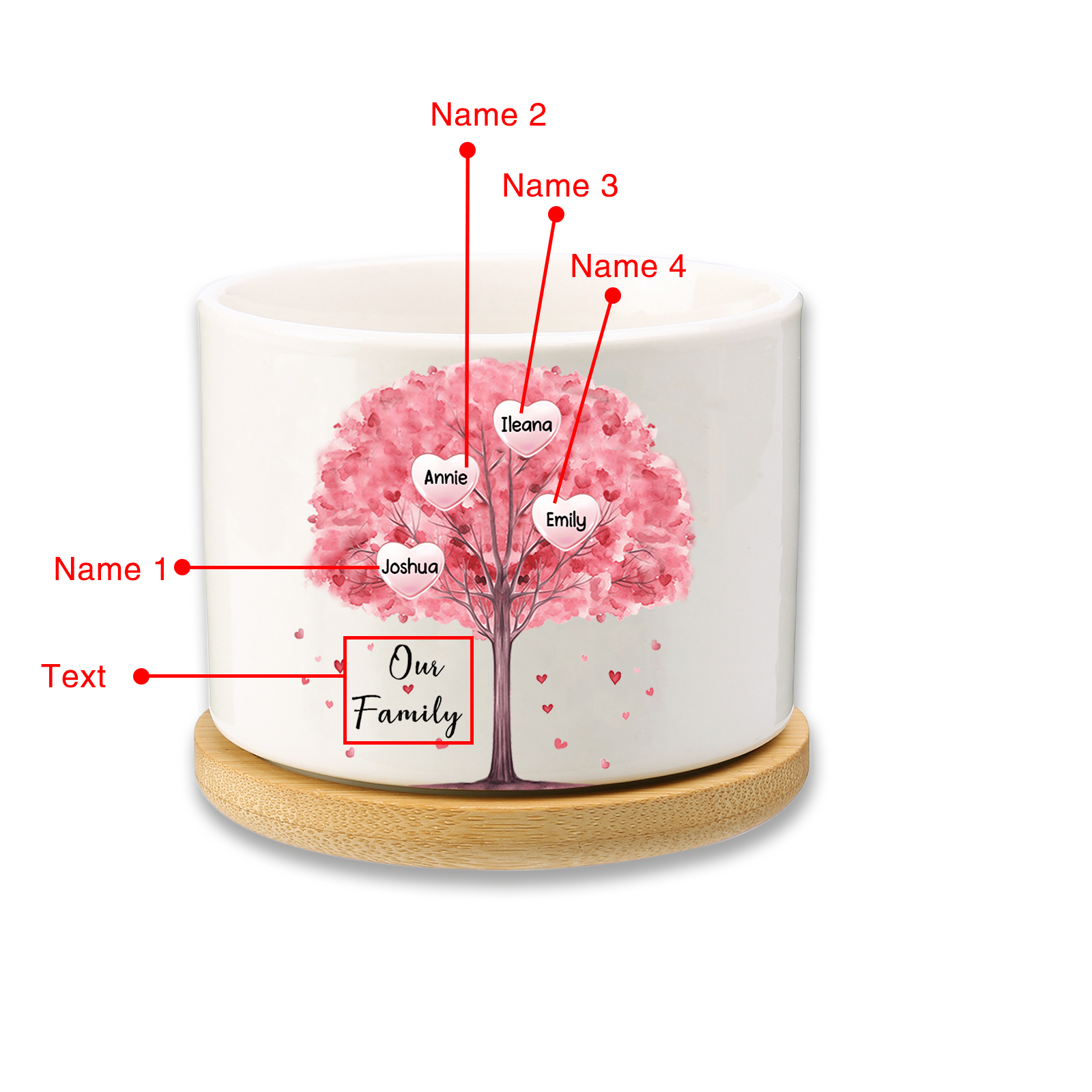Florero con base de cerámica árbol de corazones 2-8 nombres personalizados con texto decoración del hogar-Jessemade ES