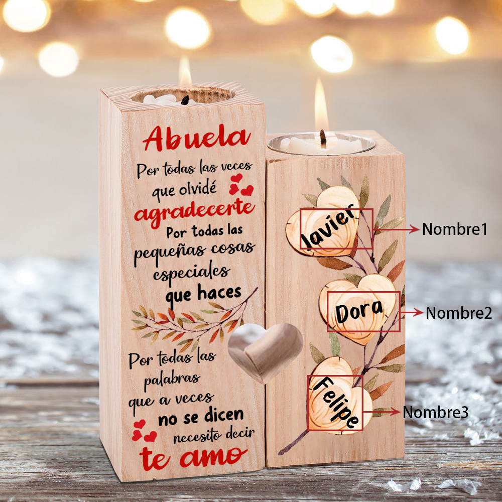 A mi abuela - Candelero de madera sin vela Corazones 3 nombres personalizados