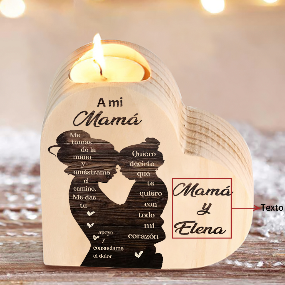 A mi mamá-Candelero con nombres personalizados en forma de corazón de madera sin candela-Jessemade ES