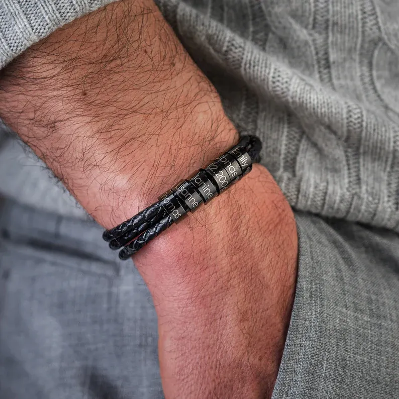 Pulsera de tres cueros trenzados 8 aros con 8 nombres personalizados pulsera de hombre-Jessemade ES