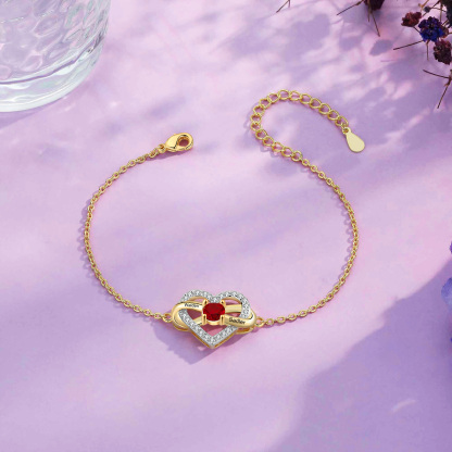 Pulsera de corazón para mujer personalizada con 2 nombres y 1 piedra de nacimiento-Jessemade ES