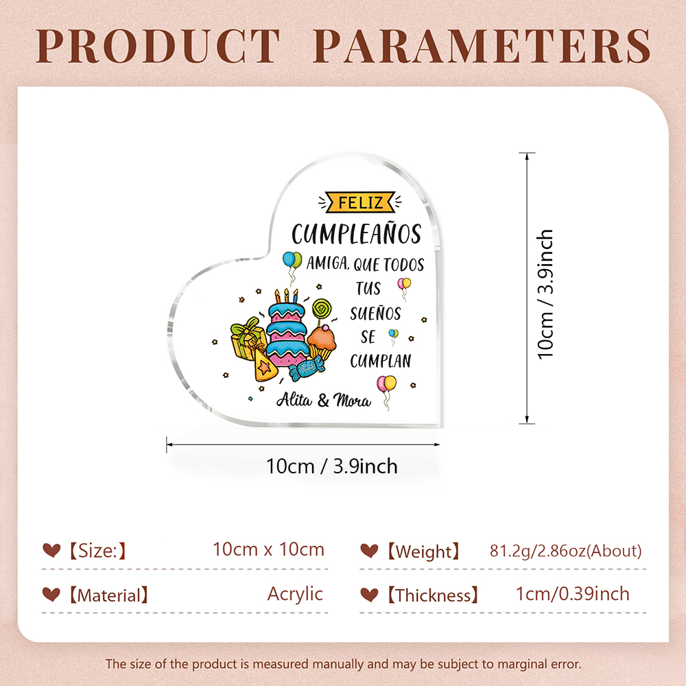Cumpleaños-Placa de acrílico en forma de corazón para amiga con 2 nombres personalizados-Jessemade ES