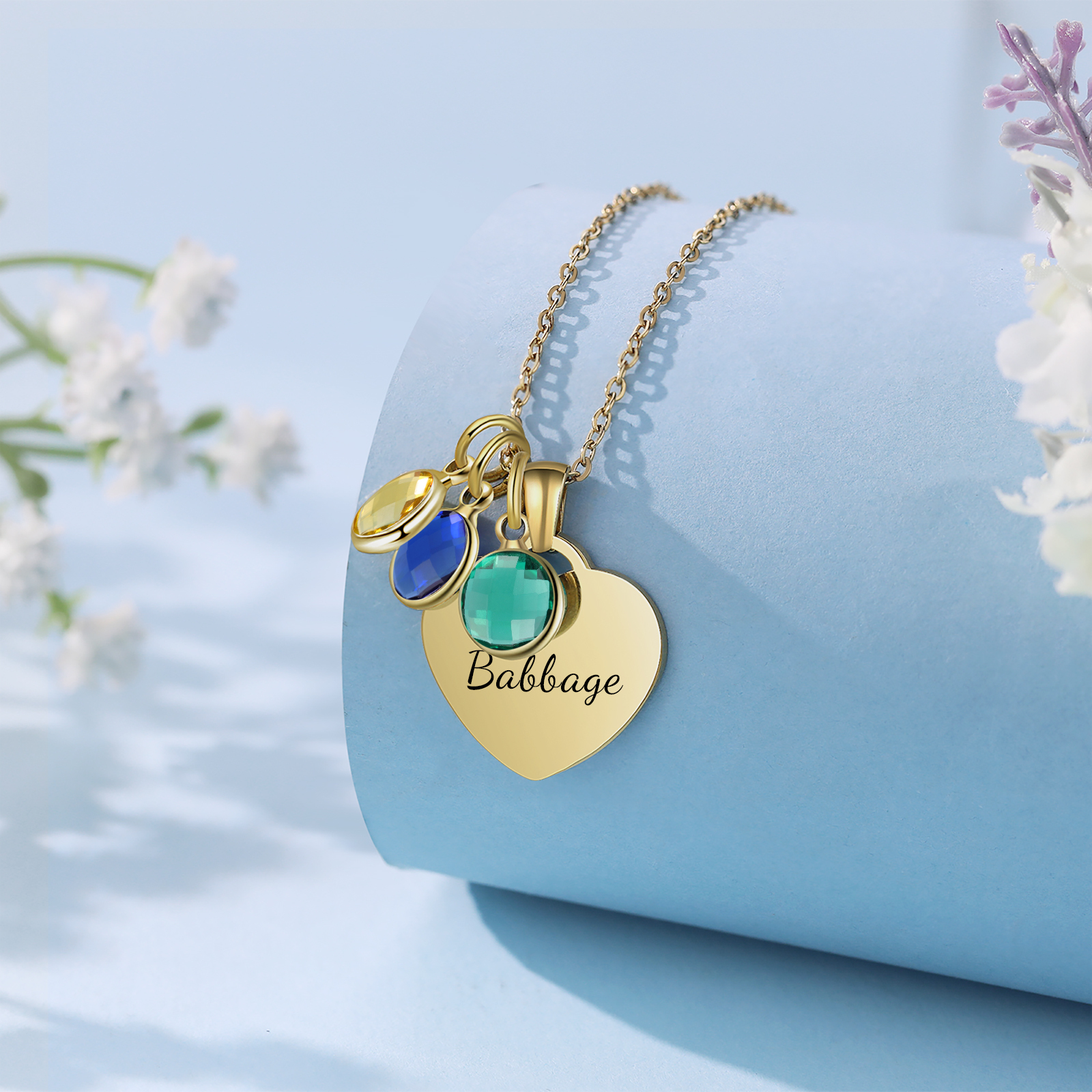 Collar de corazón con 1-3 colgantes de piedras de nacimiento con 1 nombre-Jessemade ES
