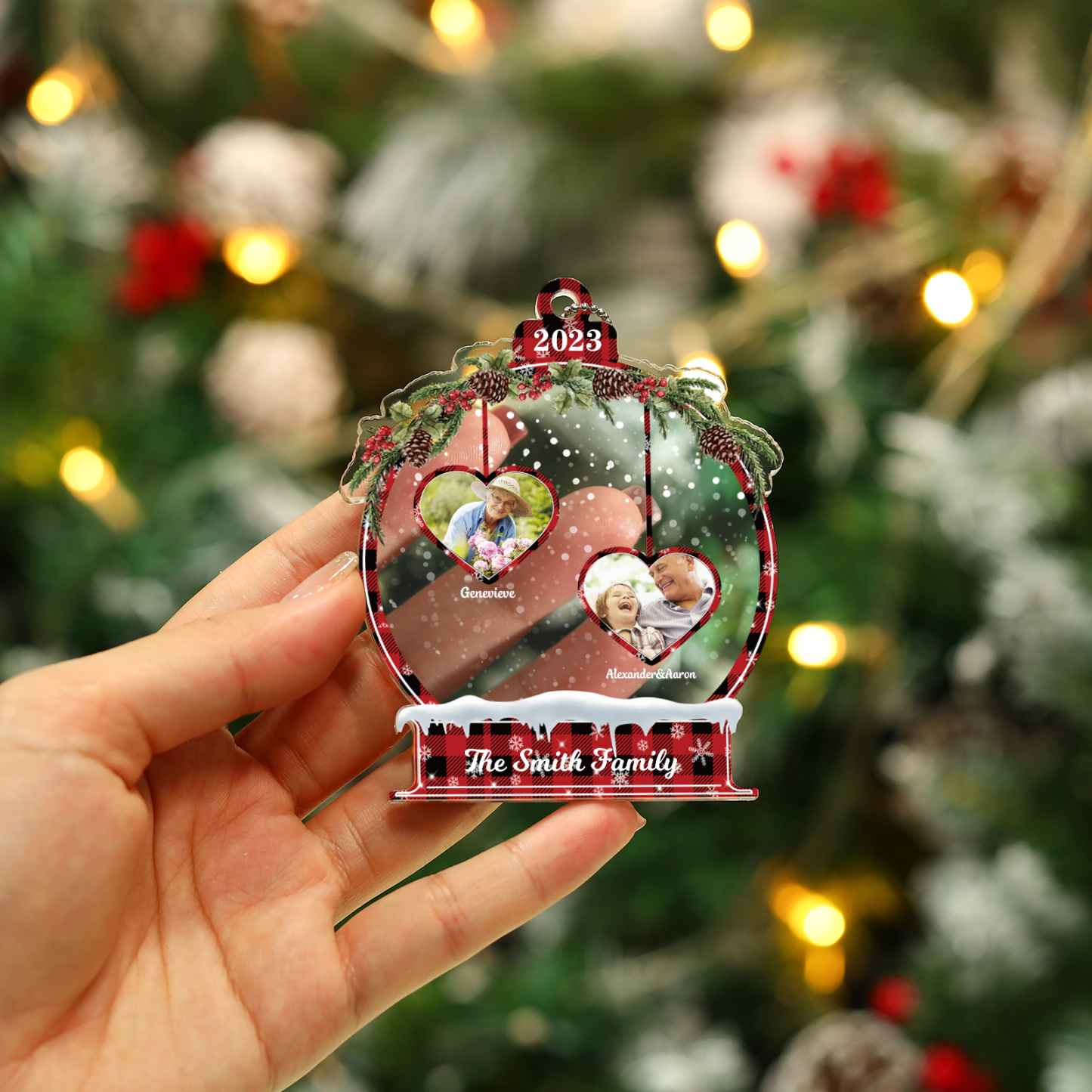 Navidad-Ornamento navideño de acrílico bola de cristal con 2 nombres, 2 fotos y 1 texto personalizados-Jessemade ES