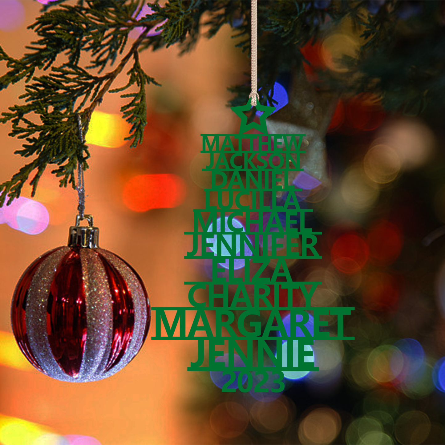 Navidad-Ornamento navideño de madera árbol de nombres con 10 nombres y año personalizados