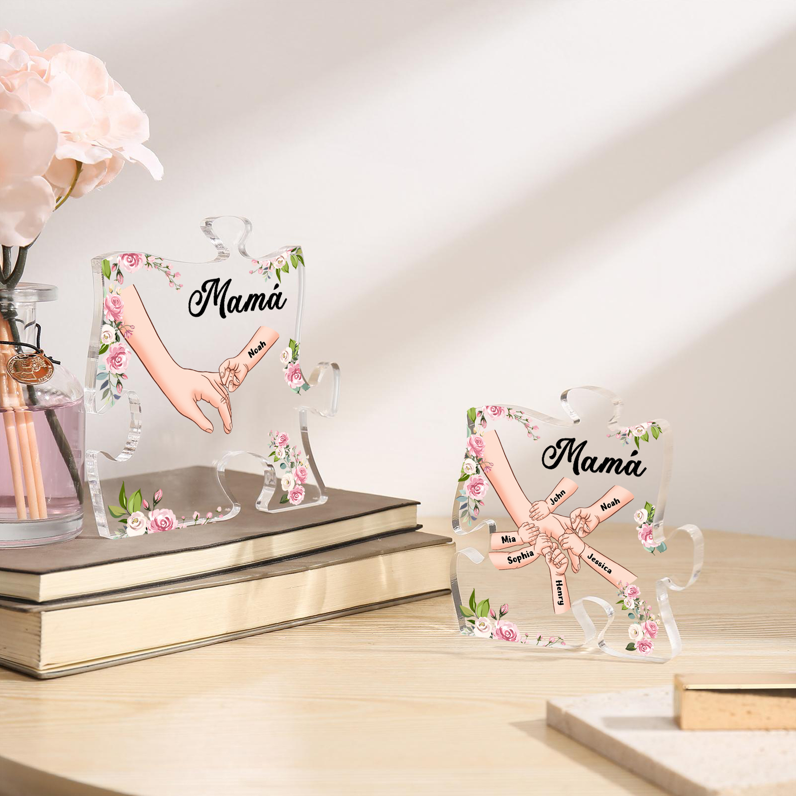 A mi mamá/abuela-Placa de acrílico en forma de corazón mano a mano con 1 texto y 6 nombres personalizados | Jessemade