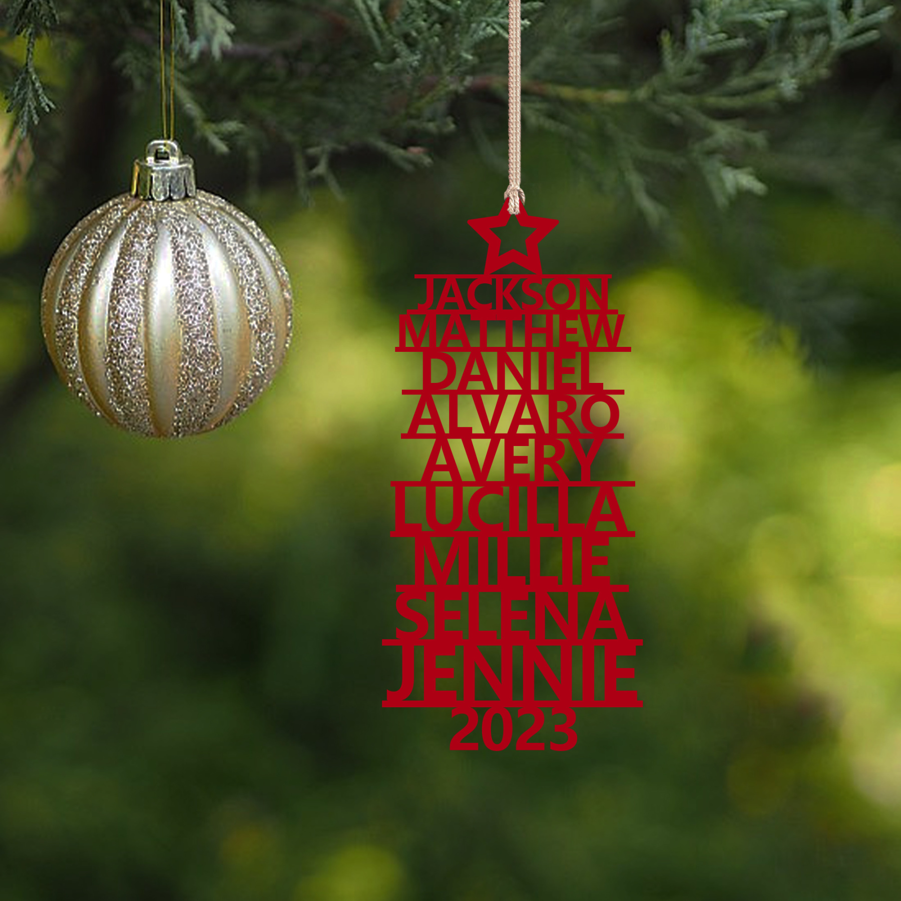 Navidad-Ornamento navideño de madera árbol de nombres con 9 nombres y año personalizados