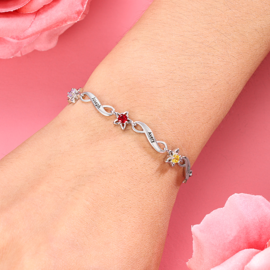 Pulsera "infinito" personalizada con 6 nombres y 6 piedras de nacimiento de corazón-Jessemade ES