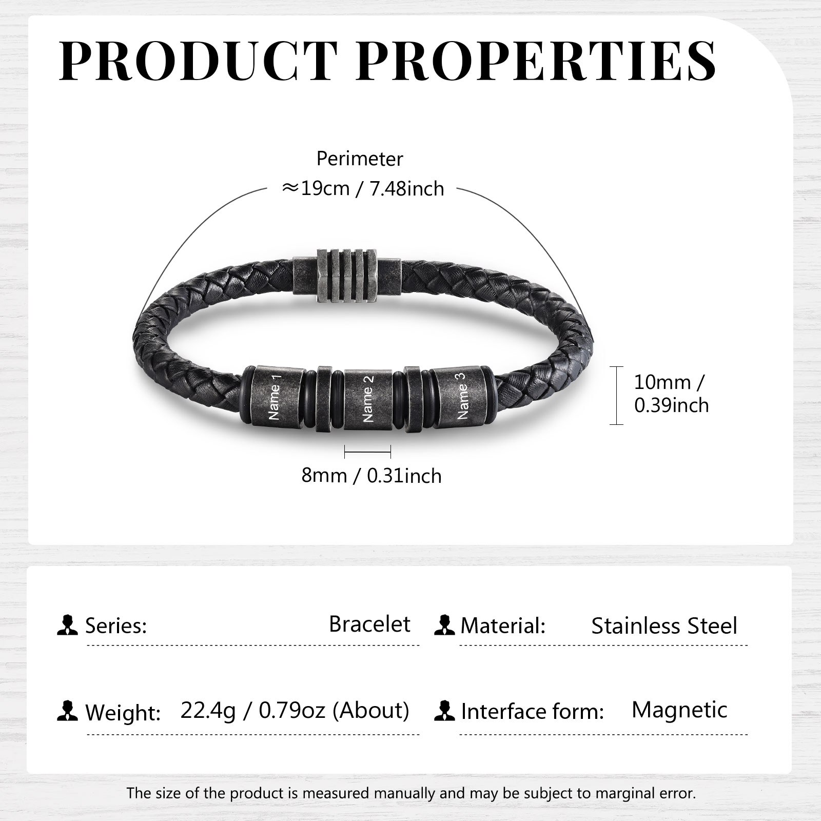 Pulsera de cuero trenzado con 3 aros 3 nombres personalizados pulsera de hombre -Jessemade ES