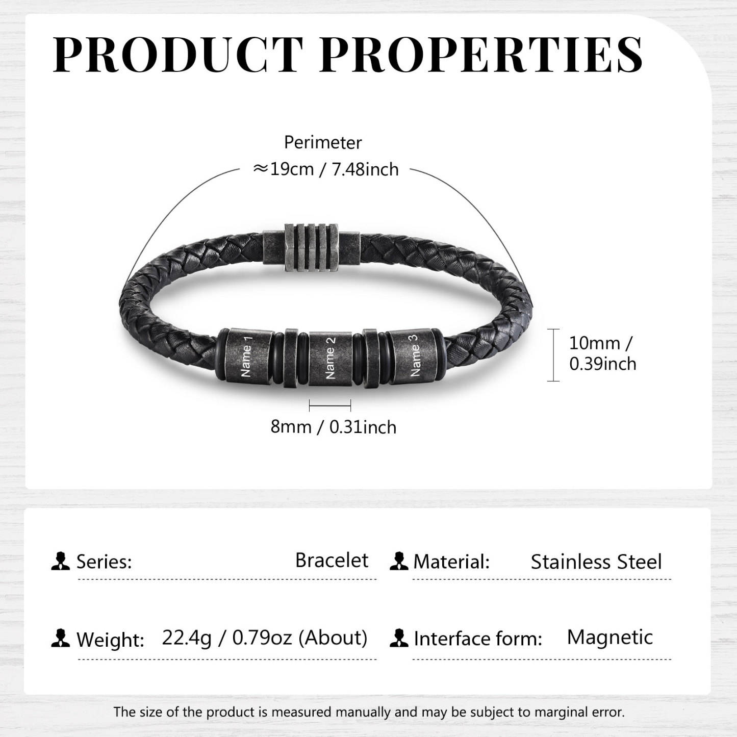 Pulsera de cuero trenzado con 3 aros 3 nombres personalizados pulsera de hombre -Jessemade ES