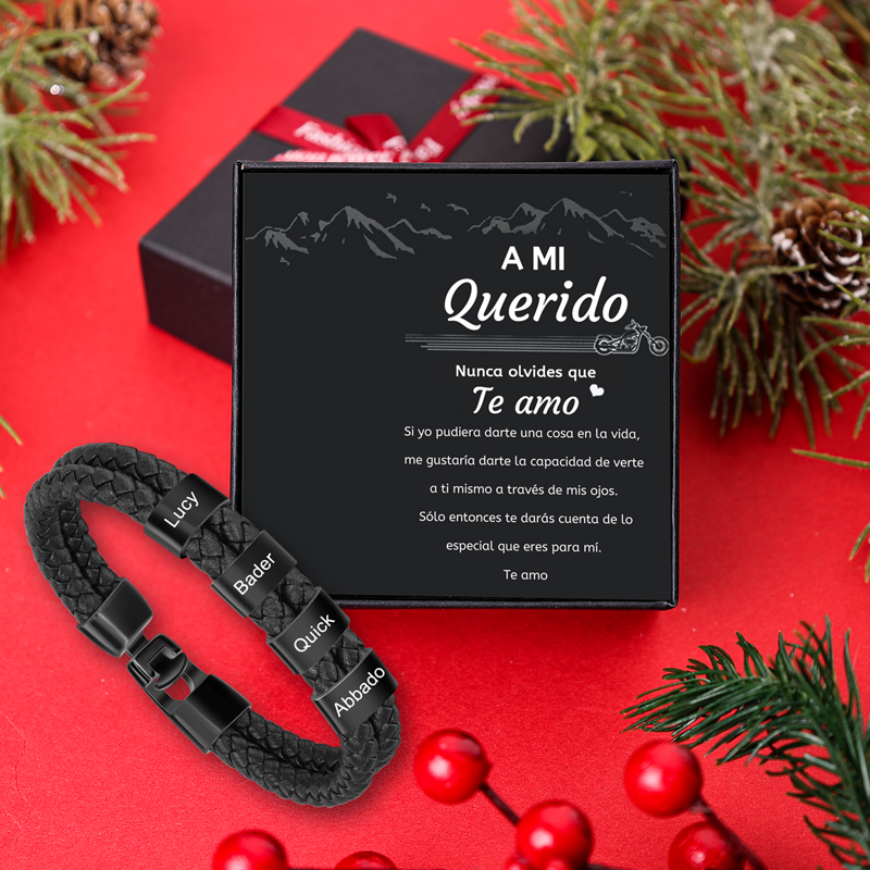 A mi querido-Pulsera de cuero trenzado 4 aros con 4 nombres personalizados pulsera de hombre -Jessemade ES