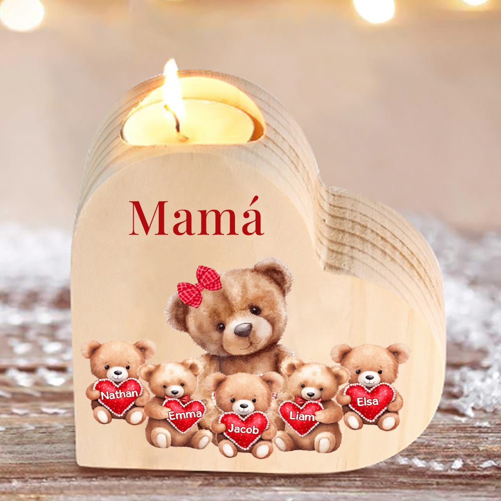 A mi mamá/abuela-Candelero osos 1-6 nombres y 1 texto personalizados en forma de corazón de madera sin candela-Jessemade ES