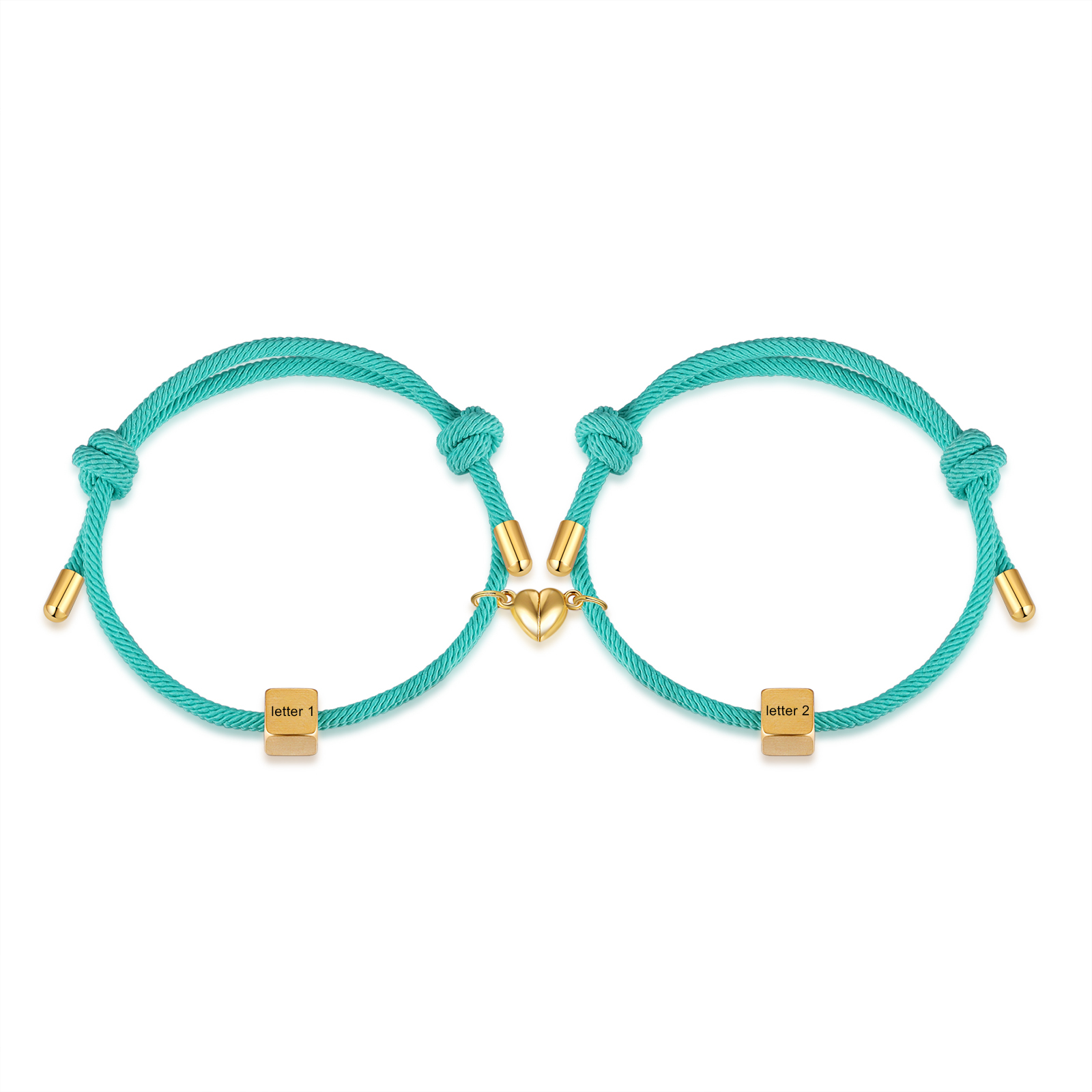Pulseras de cuerda personalizadas para pareja con dije de corazón magnético grabado de dos letras-Jessemade ES
