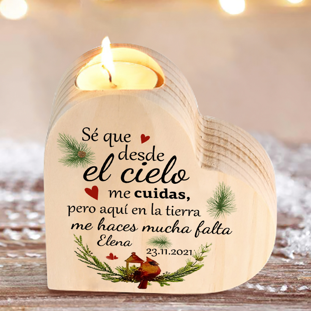 Navidad en el paraíso-Candelero de corazón en memoria de ser querido personalizado con nombre y fecha de madera sin vela-Jessemade ES