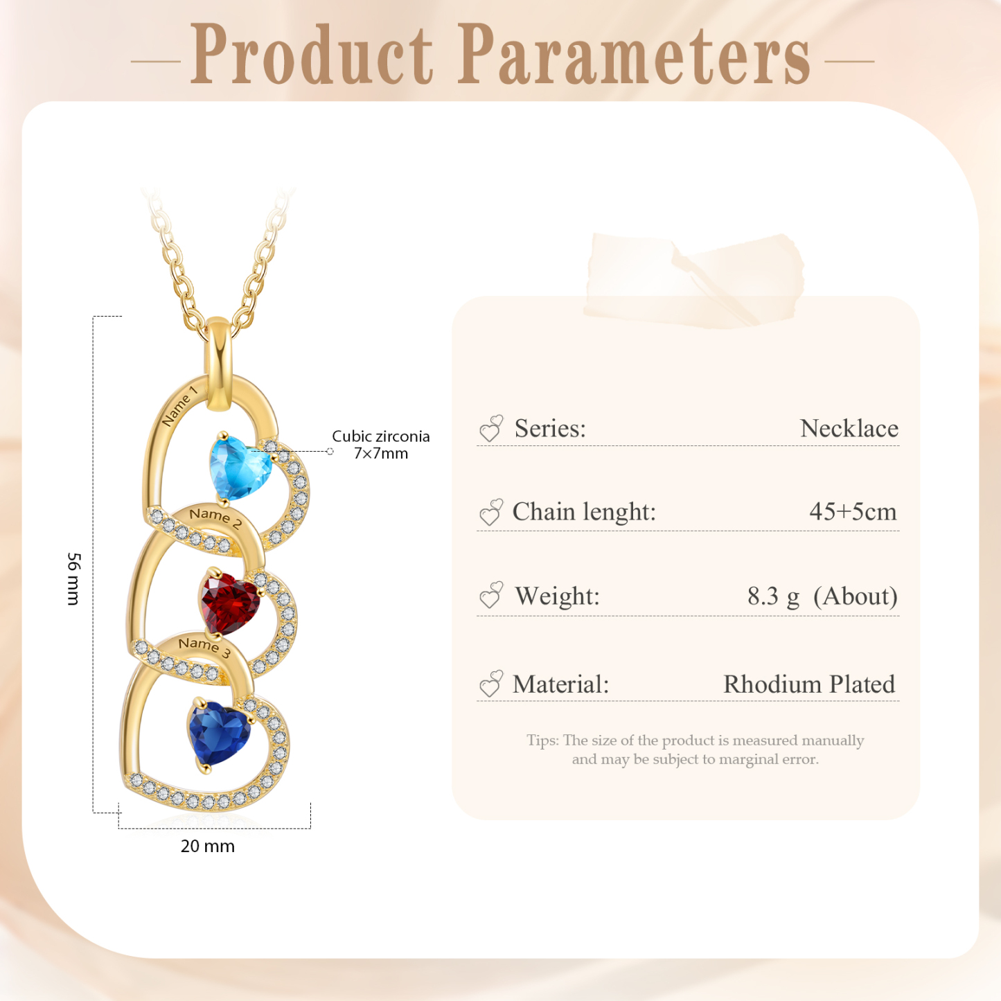 Collar corazones con 1-3 nombres personalizados y 1-3 piedras de nacimiento-Jessemade ES