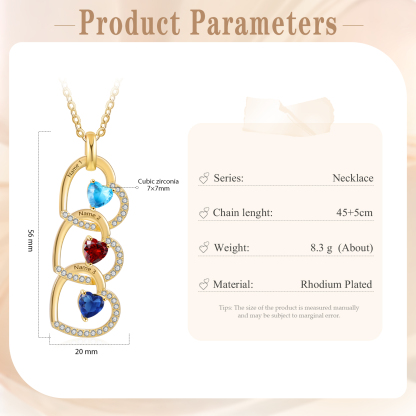 Collar corazones con 1-3 nombres personalizados y 1-3 piedras de nacimiento-Jessemade ES