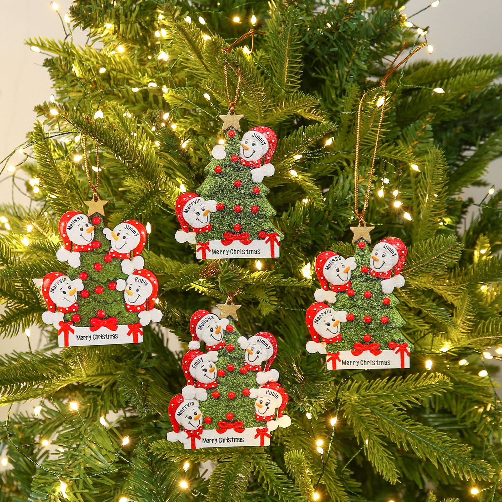 Navidad-Ornamentos Navideños de Madera Árbol y muñecos de nieve 2 Nombres con Texto Personalizados