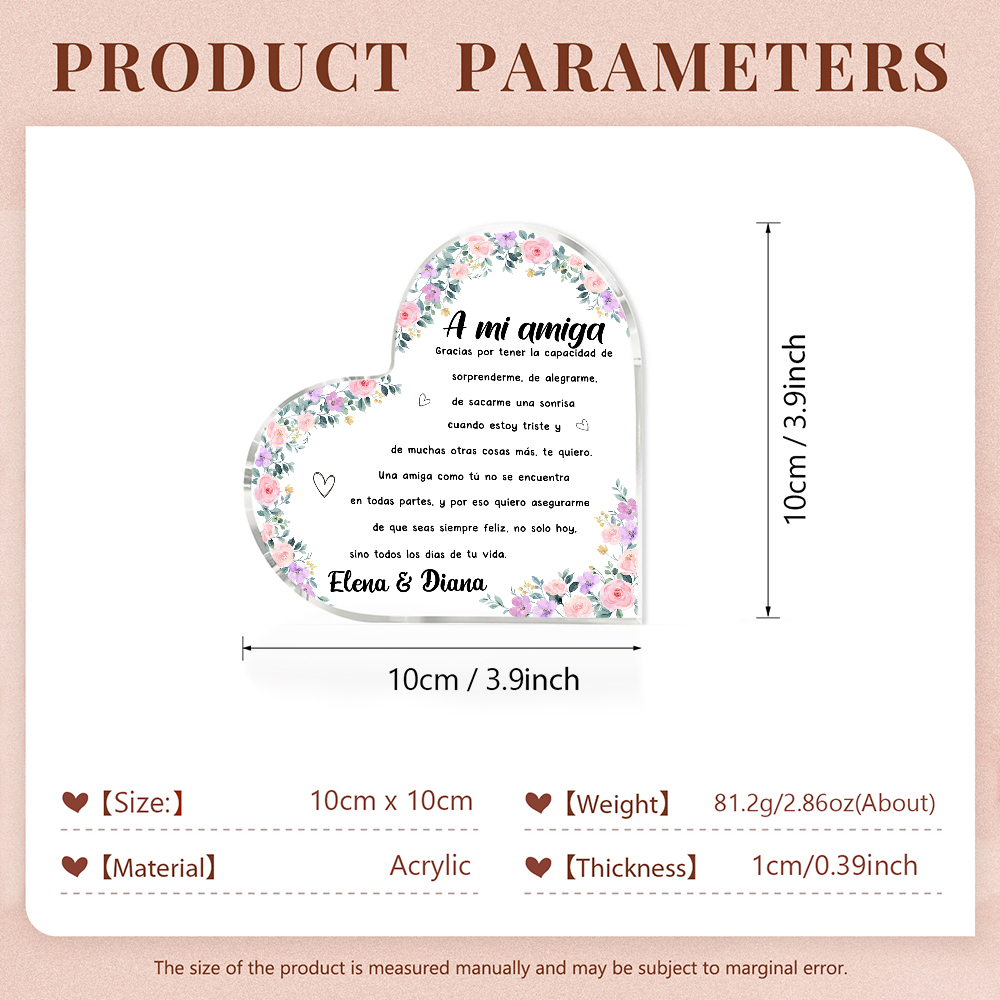 Placa de acrílico en forma de corazón para amiga con 1 texto personalizado-Jessemade ES