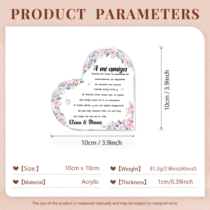 Placa de acrílico en forma de corazón para amiga con 1 texto personalizado-Jessemade ES